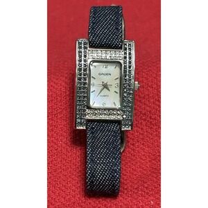 Gruen Women's Watch Sliver Tone Denim Strap New Battery Blue White Diamonds